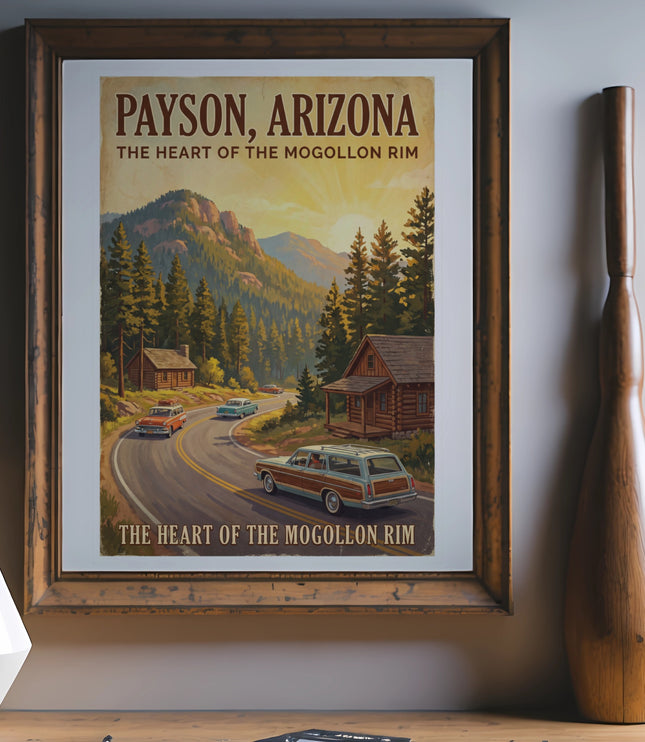 Framed poster of Payson, Arizona, the Heart of the Mogollon Rim, with vintage cars.