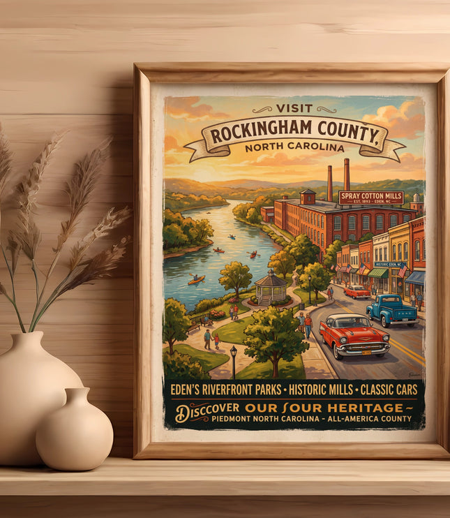 Vintage poster of Rockingham County, NC showing riverfront parks, historic mills, and classic cars.