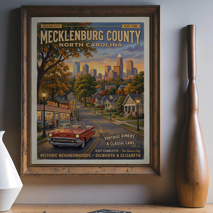 Vintage art of Mecklenburg County, North Carolina street scene with classic car.