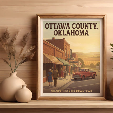 Ottawa County, Oklahoma poster featuring Miami's historic downtown and a red pickup truck.
