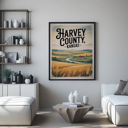 Framed poster of Harvey County, Kansas landscape with text.