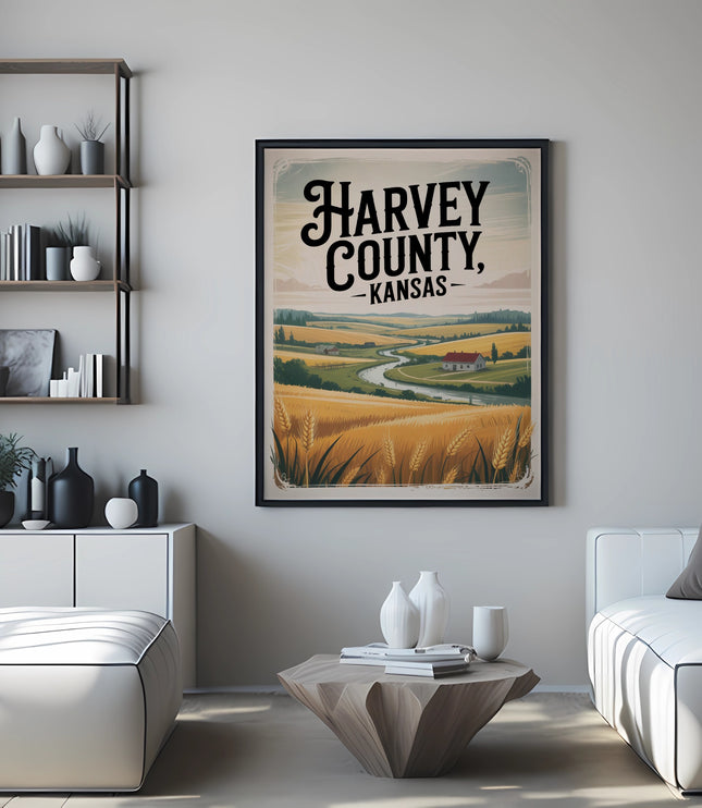 Framed poster of Harvey County, Kansas landscape with text.