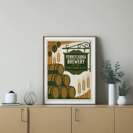 Pennsylvania Brewery sign with beer barrels and hops.