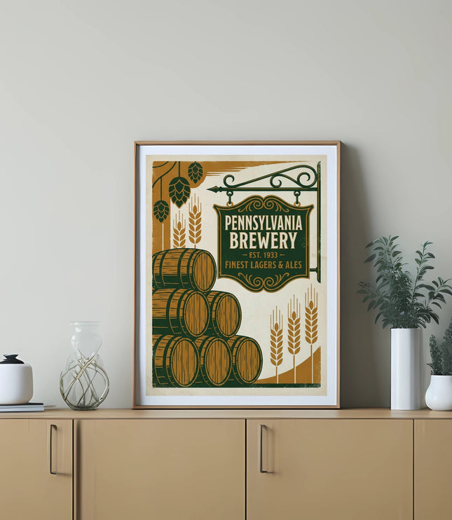 Pennsylvania Brewery sign with beer barrels and hops.
