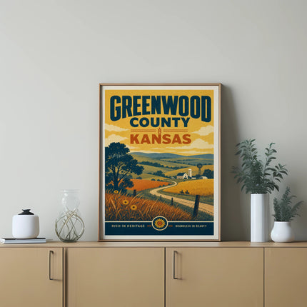 Greenwood County Kansas vintage travel poster with field, trees, and text.