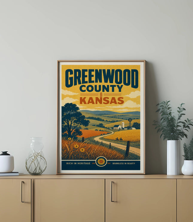 Greenwood County Kansas vintage travel poster with field, trees, and text.