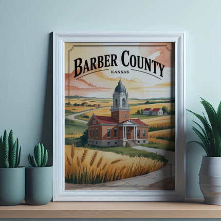 Barber County Kansas courthouse with wheat fields and desert plants.