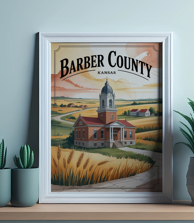Barber County Kansas courthouse with wheat fields and desert plants.
