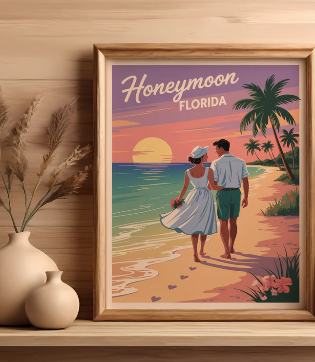 Vintage Honeymoon Florida poster of couple walking on a beach at sunset.