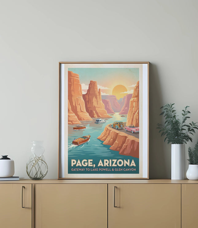 Retro travel poster of Page, Arizona, showing boats on water and cars on cliffs.