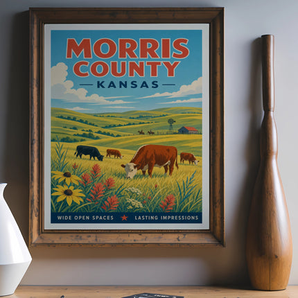 Morris County, Kansas vintage travel poster with cows and wildflowers.