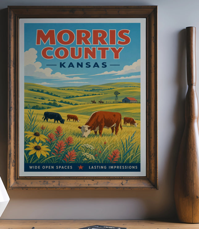 Morris County, Kansas vintage travel poster with cows and wildflowers.