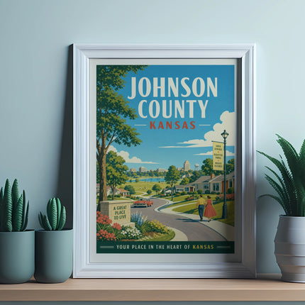 Johnson County Kansas vintage travel poster with text "A Great Place to Live".