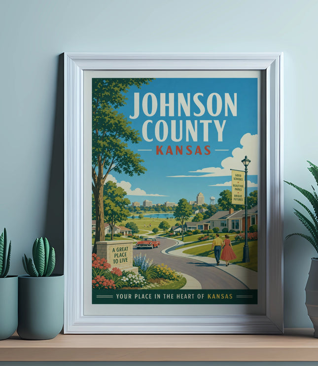 Johnson County Kansas vintage travel poster with text "A Great Place to Live".