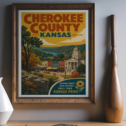 Cherokee County Kansas vintage travel poster with buildings and river.