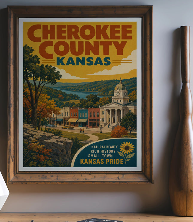 Cherokee County Kansas vintage travel poster with buildings and river.