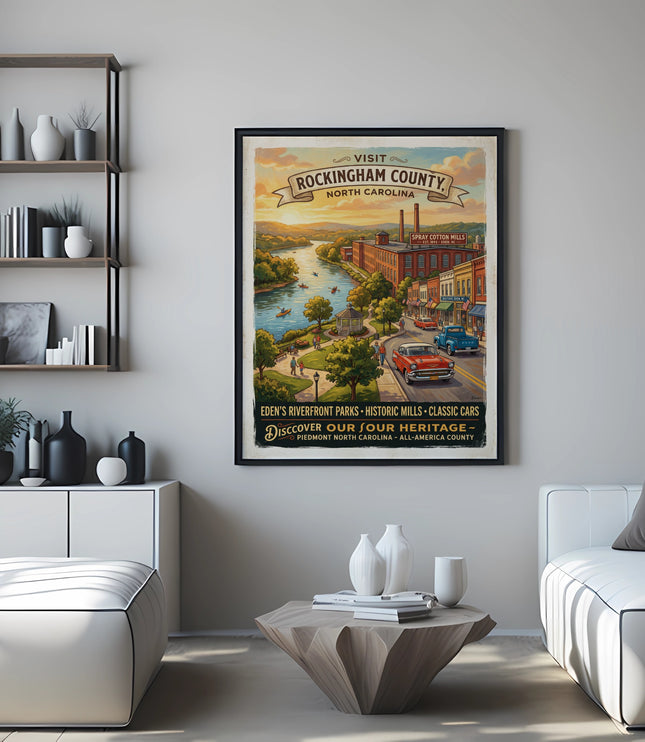 Vintage travel poster for Rockingham County, North Carolina featuring riverfront parks and mills.