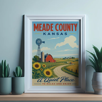 Meade County Kansas travel poster with farm, sunflowers, and text "A Quiet Place".