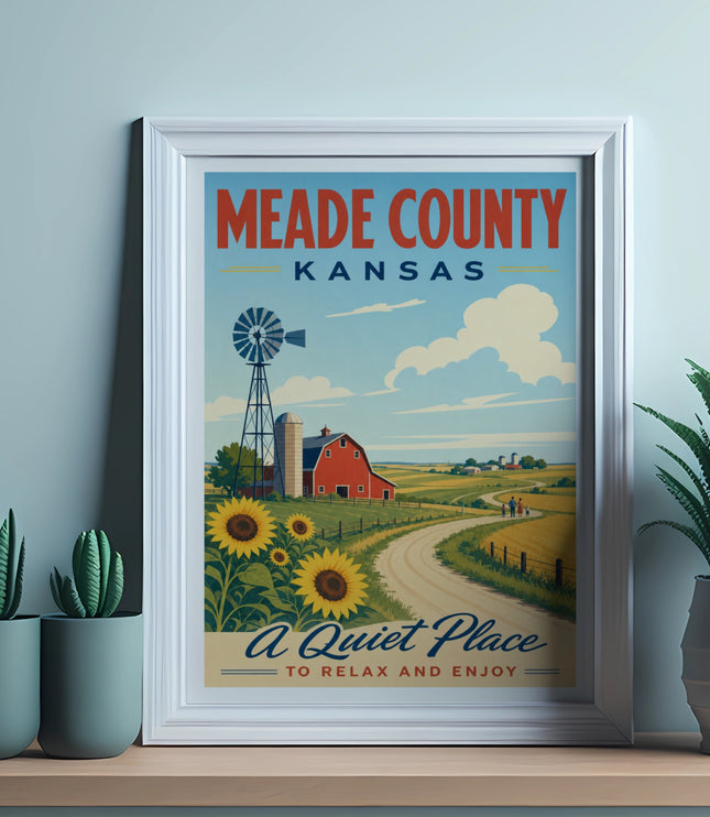 Meade County Kansas travel poster with farm, sunflowers, and text "A Quiet Place".