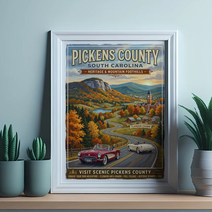 Vintage poster for Pickens County, South Carolina, featuring fall foliage and classic cars.