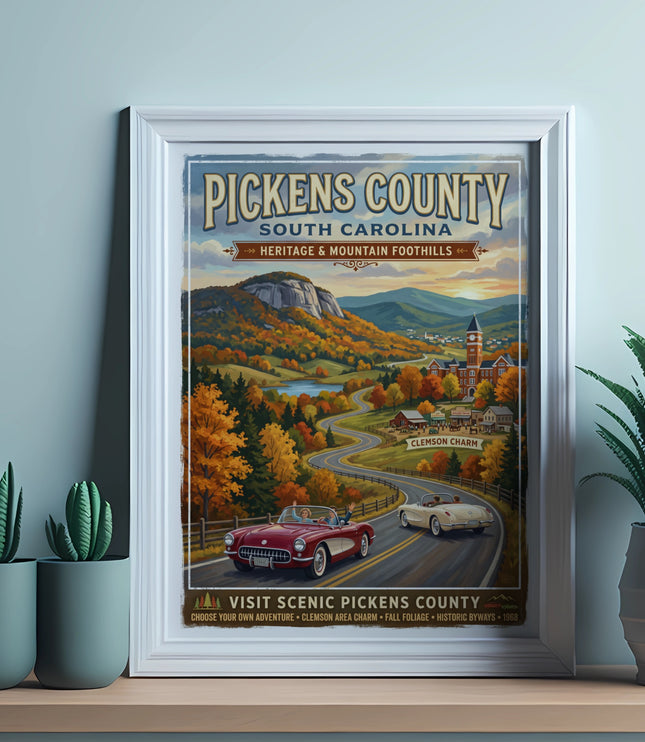 Vintage poster for Pickens County, South Carolina, featuring fall foliage and classic cars.