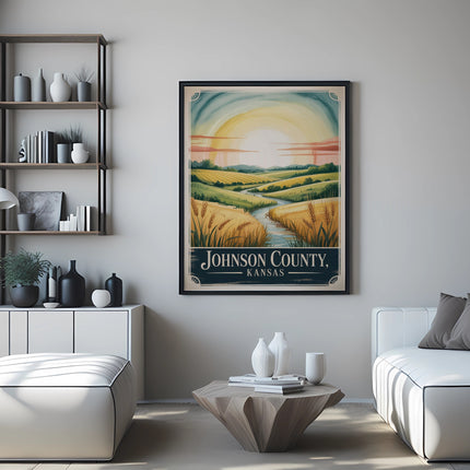 Johnson County, Kansas vintage travel poster with wheat fields and sun.