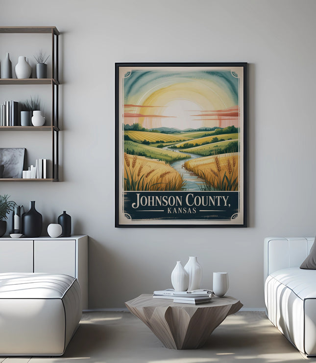 Johnson County, Kansas vintage travel poster with wheat fields and sun.