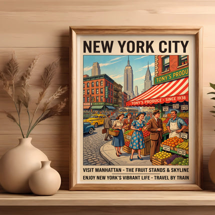 New York City vintage travel poster featuring fruit stand and skyline.