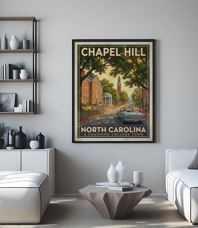 Vintage Chapel Hill North Carolina poster with a vintage car and buildings.