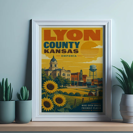 Framed vintage poster for Lyon County, Kansas, featuring sunflowers and Emporia landmarks.