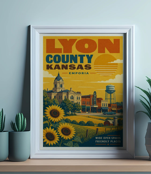 Framed vintage poster for Lyon County, Kansas, featuring sunflowers and Emporia landmarks.