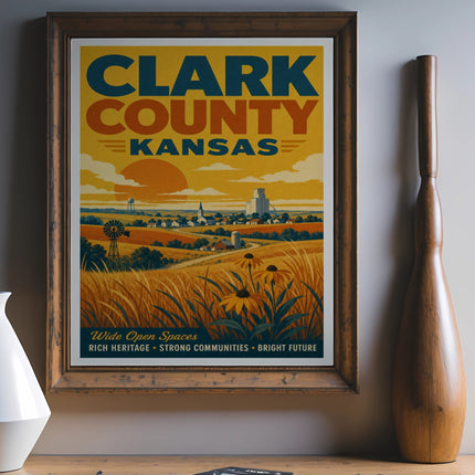 Clark County Kansas poster with farm scene and text "Wide Open Spaces".