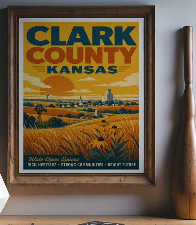 Clark County Kansas poster with farm scene and text "Wide Open Spaces".