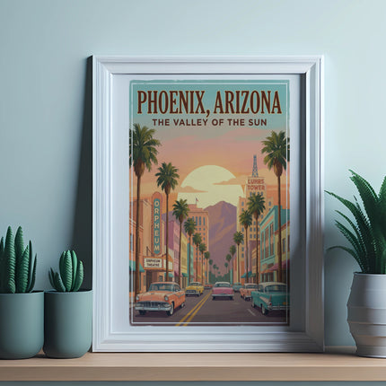 Retrò Phoenix, Arizona poster with vintage cars and palm trees at sunset.