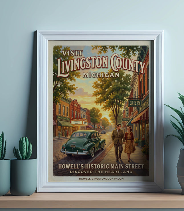 Poster with "Visit Livingston County Michigan" over Howell's Historic Main Street scene.