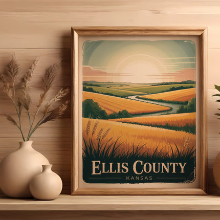 Framed art print of golden fields and a winding river in Ellis, Kansas.