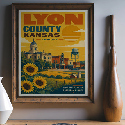 Lyon County Kansas Emporia poster with sunflowers, town buildings, and text.
