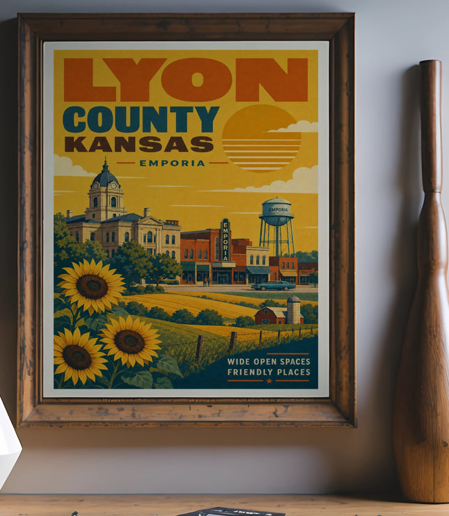 Lyon County Kansas Emporia poster with sunflowers, town buildings, and text.