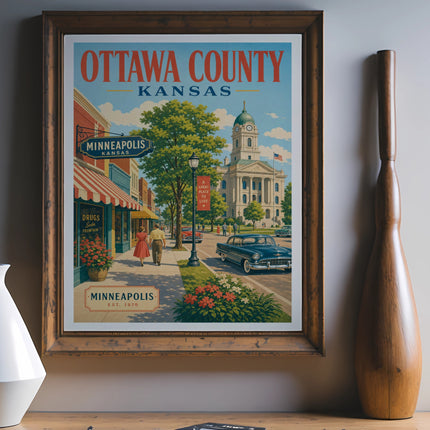 Vintage travel poster for Ottawa County, Kansas, featuring downtown Minneapolis.