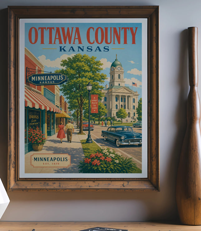 Vintage travel poster for Ottawa County, Kansas, featuring downtown Minneapolis.