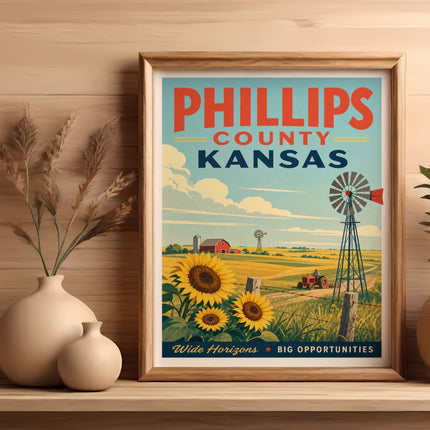 Phillips County Kansas travel poster with sunflowers and windmill.