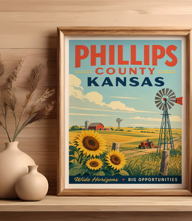 Phillips County Kansas travel poster with sunflowers and windmill.