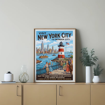 Vintage poster of New York City skyline, lighthouse, and ferry.