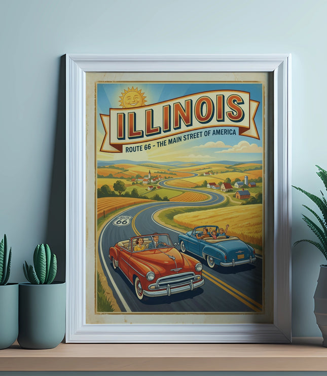Framed Illinois Route 66 poster with vintage cars and a country landscape.