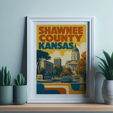 Framed vintage poster of Shawnee County, Kansas, featuring Topeka state capitol building.