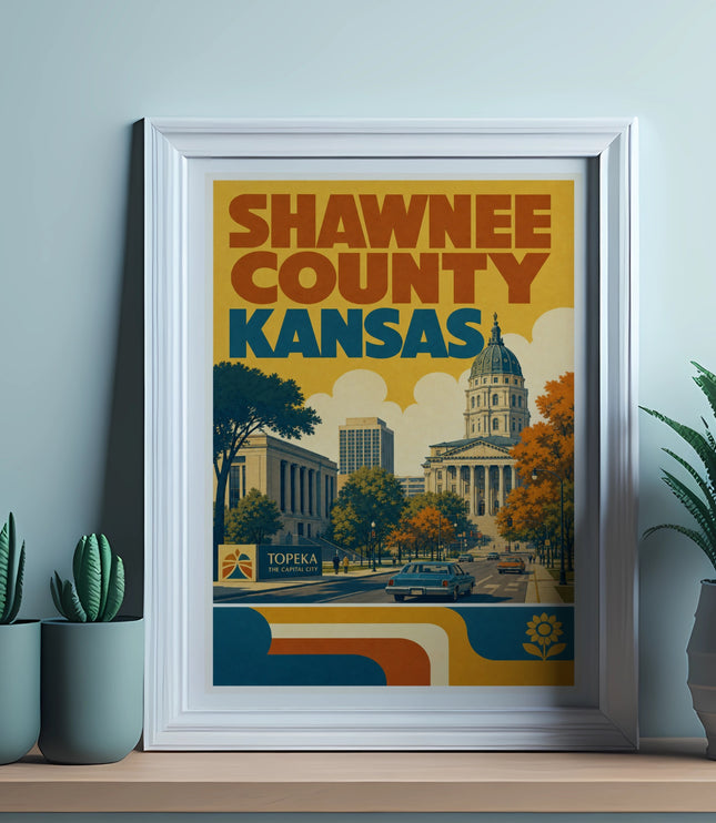 Framed vintage poster of Shawnee County, Kansas, featuring Topeka state capitol building.