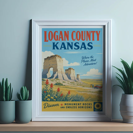 Logan County, Kansas travel poster featuring Monument Rocks, plains, and adventure.