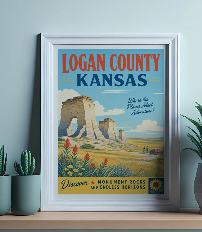 Logan County, Kansas travel poster featuring Monument Rocks, plains, and adventure.