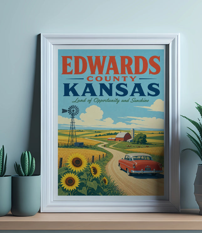 Vintage Edwards County, Kansas poster featuring sunflowers, windmill, barn, and red car.