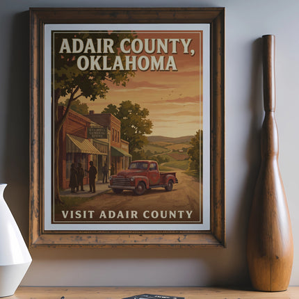 Framed Adair County, Oklahoma vintage travel poster with general store and truck.